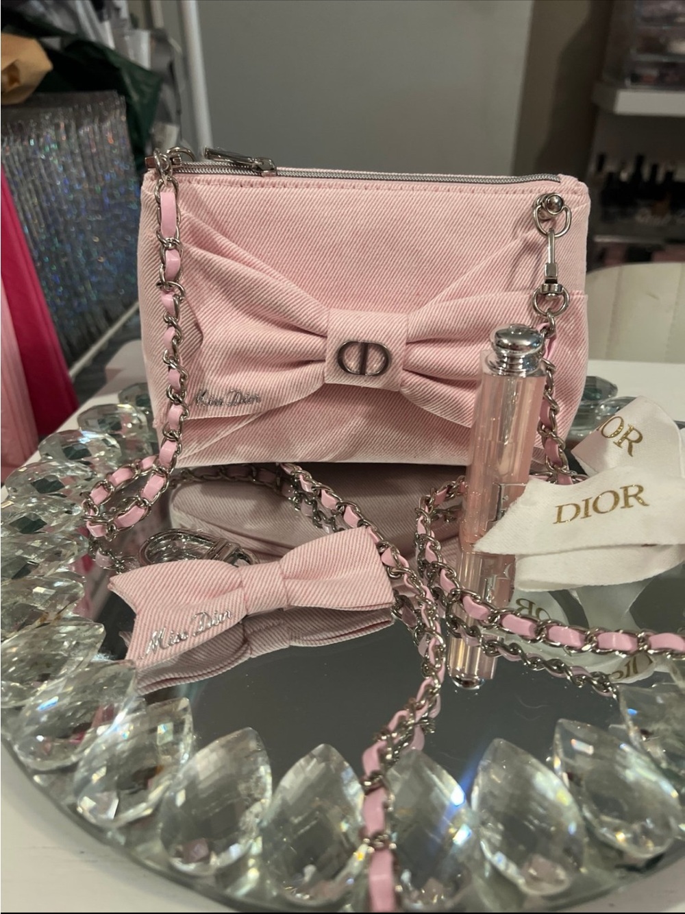 Dior Pink Bow Bag with Pink Braided Chain- Bow Keychain- Addict Reviver in Pink